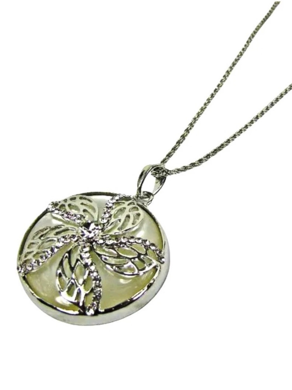 Crystal Flower Pendant Necklace with White Cat's Eye Silver Floral Jewelry New